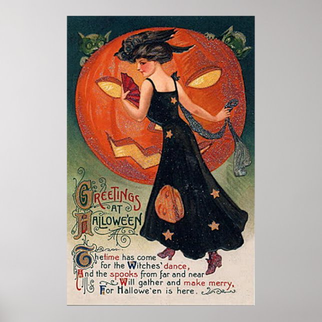 Poster vintage Halloween Witch & Citrouille (Devant)
