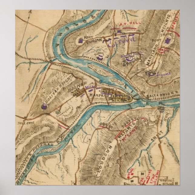 Poster Vintage Harpers Ferry Civil War Map (1862) (Devant)