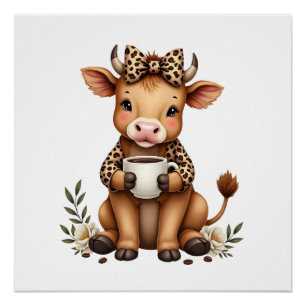 Poster Vintage Highland Cow amateur de café Aquarelle Mig