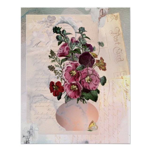 Poster Vintage Hollyhock dans Lettres Collage (Devant)