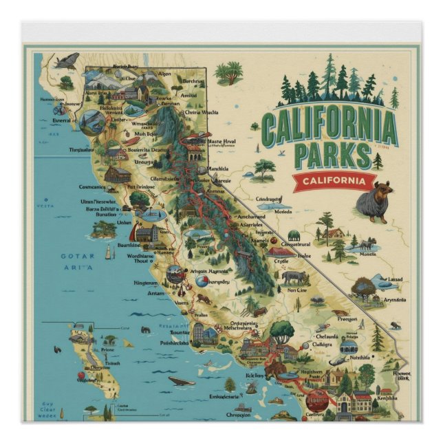 Poster Vintage Illustrated California Parks Map Art (Devant)