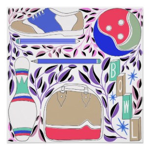 Poster Vintage Inspiré Folk Art Bowling Pin et sac