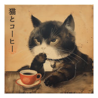 Vintage Japon art chat mignon avec une tasse de ca
