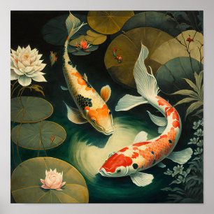 Poster vintage japonais Koi Fish Pond Art