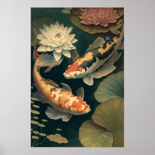 Poster vintage japonais koi Fish Pond Art