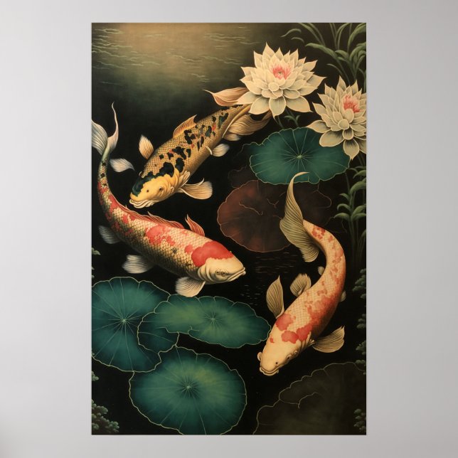 Poster vintage japonais Koi Fish Pond Art (Devant)