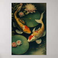 Poster vintage japonais Koi Fish Pond Art