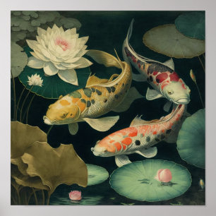 Poster vintage japonais Koi Fish Pond Art