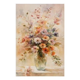 Poster Vintage look aquarelle fleurs dans le vase en verr