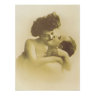 Poster Vintage love couple kissing sepia illustration