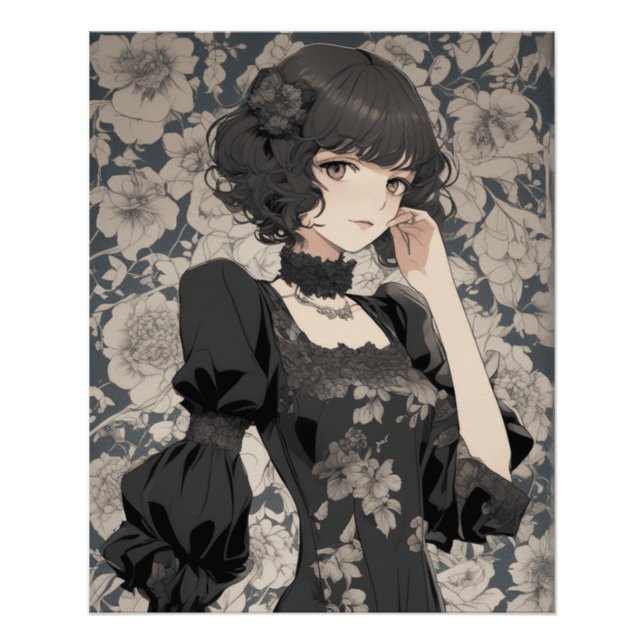 Poster Vintage Manga Girl en LBD - Retro Elegance Anime (Devant)