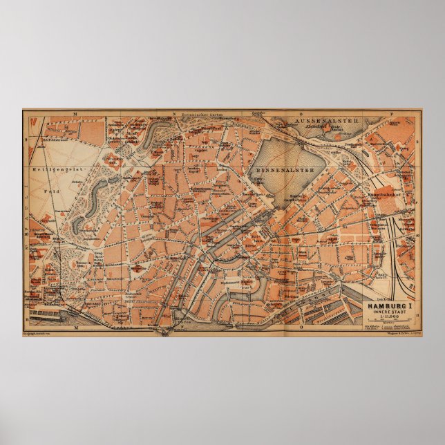 Poster Vintage Map of Hamburg Germany (1910) (Devant)