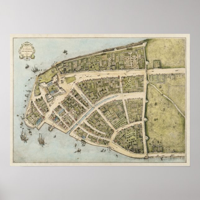 Poster Vintage Map of New Amsterdam (1660) (Devant)