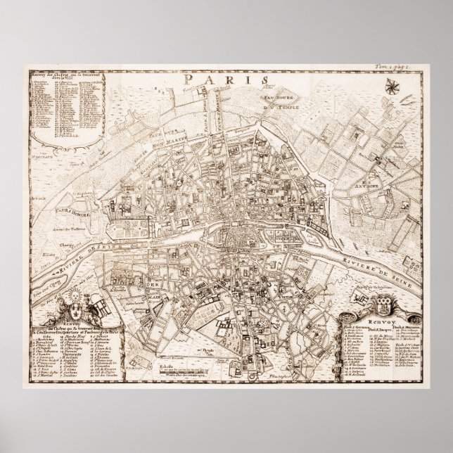 Poster Vintage Map of Paris France (1742) (Devant)