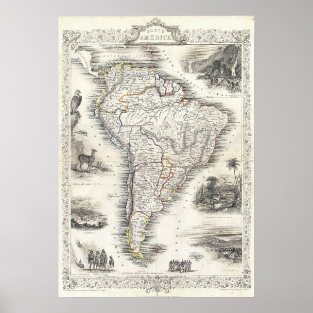 Poster Vintage Map of South America (1850) (Devant)
