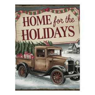 Poster Vintage Noël Camion Maison de vacances