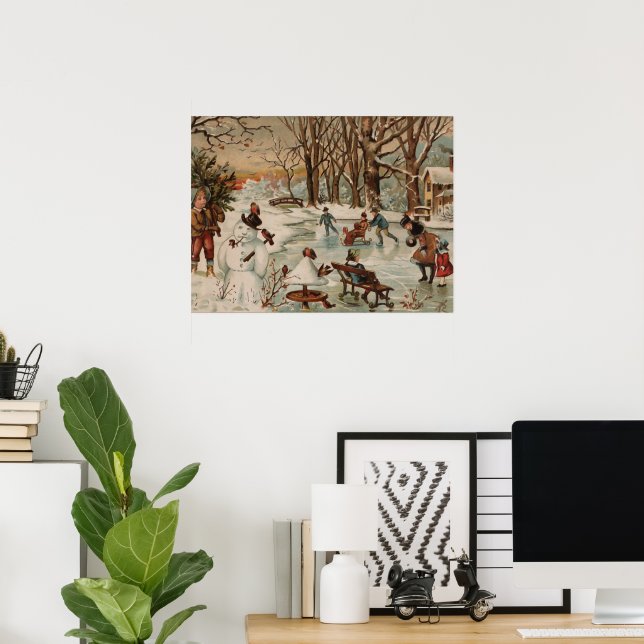 Poster Vintage Noël scène patinage sur glace (Bureau à domicile)