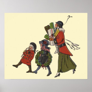 Poster Vintage Noël Shopping Famille Amusants