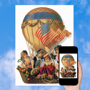 Poster Vintage patriotique, enfants dans une montgolfière