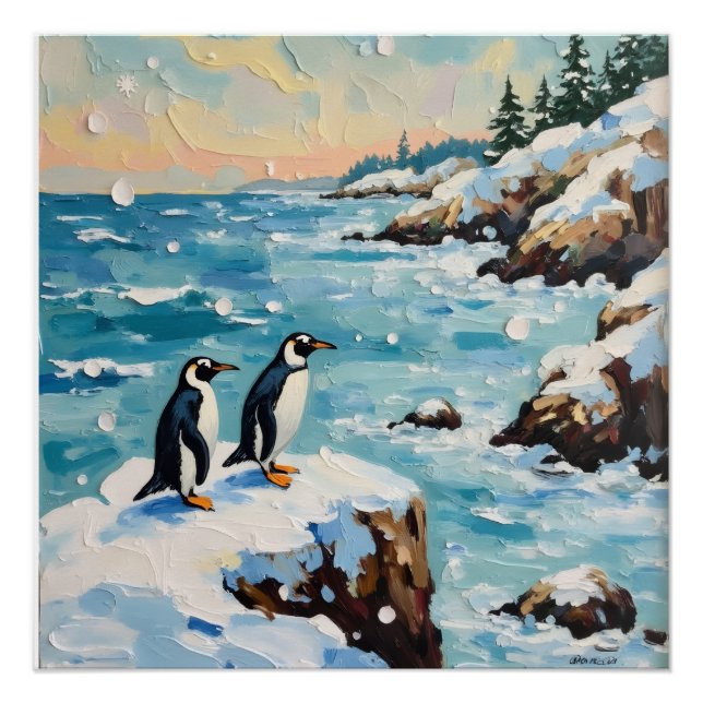 Poster Vintage Penguins on Snowy Coastal Christmas Cliff (Devant)