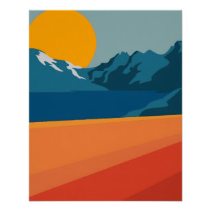 Poster Vintage Red & Blue Mountain Art - Paysage rétro