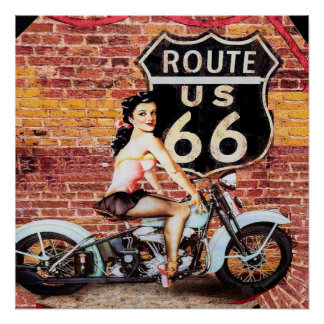 Poster vintage Route 66 Lady on Motorcycle