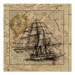 Poster Vintage Sailing Ship and Old European Map