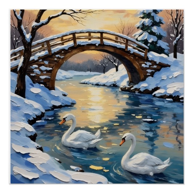 Poster Vintage Swan Family Under Snowy Bridge Painting (Devant)