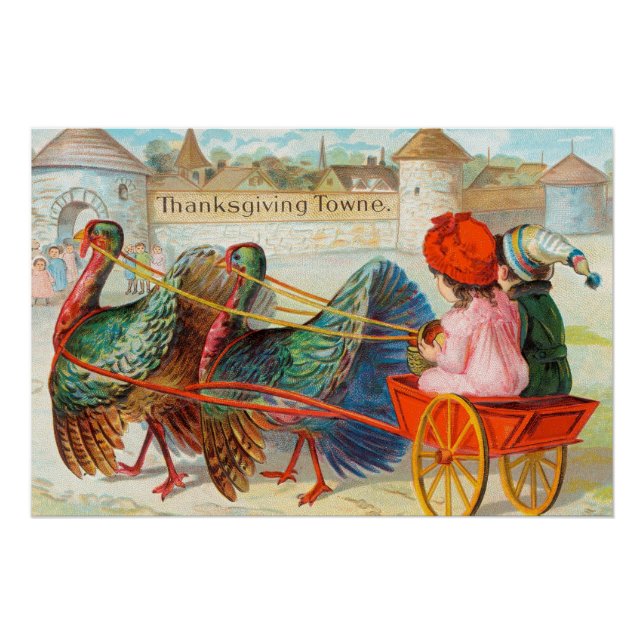 Poster Vintage Thanksgiving Enfants et dindes (Devant)