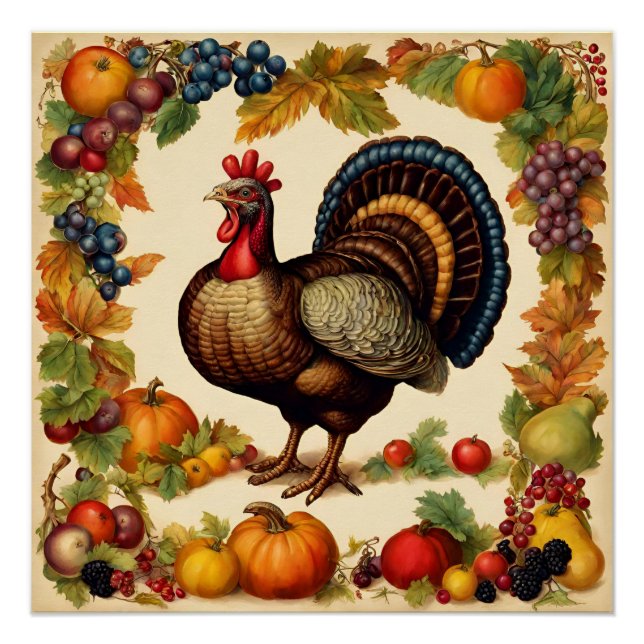 Poster Vintage Thanksgiving Turquie et récolte de fruits (Devant)