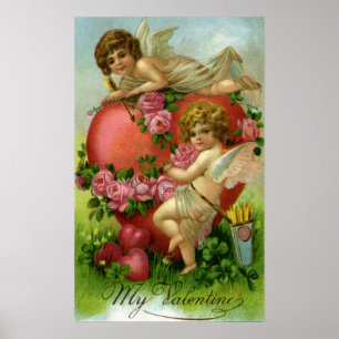 Poster Vintage Victorian Valentines Day Angels Heart Rose