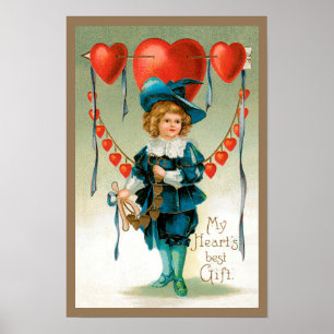 Poster Vintage Victorian Valentines Day, Boy with Hearts