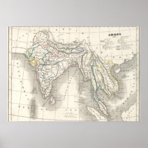 Poster Vintage vieux monde Inde Inde carte indienne impri