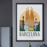 Poster Vintage voyage de Barcelone<br><div class="desc">Affiche de voyage vintage de Barcelone en Espagne,  inspirée des affiches de voyage vintage des années 20. Texte : Barcelone Espagne. Peinture murale personnalisée pour votre appartement ou maison. Bonne idée cadeau à l'anniversaire ou à Noël.</div>