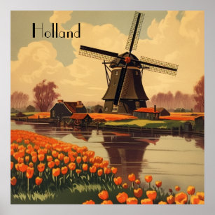 Poster Vintage voyage de Hollande, tulipes et moul