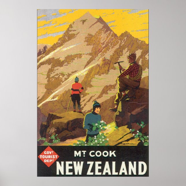 Poster Vintage voyage Mt Cook Nouvelle-Zélande (Devant)