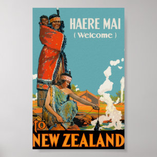 Poster Vintage voyage Nouvelle-Zélande Haere Mai Bienvenu