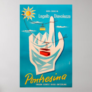 Poster Vintage voyage Pontresina Ski Suisse