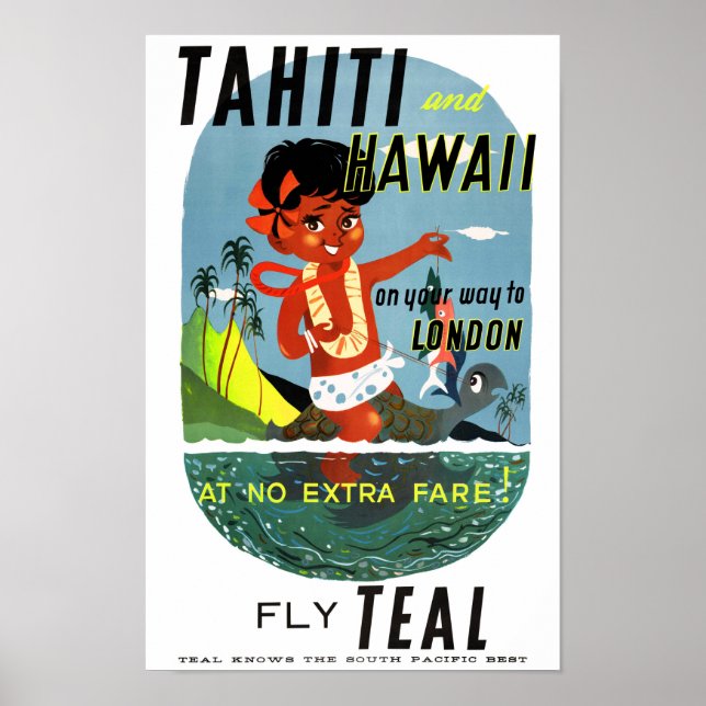 Poster Vintage voyage Tahiti Hawaii restauré (Devant)