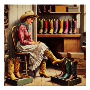 Poster Vintage Western Retro Cowgirl Boot Shopping