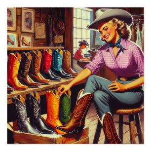 Poster Vintage Western Retro Cowgirl Boot Shopping