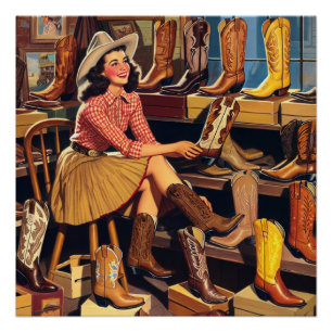 Poster Vintage Western Retro Cowgirl Boot Shopping