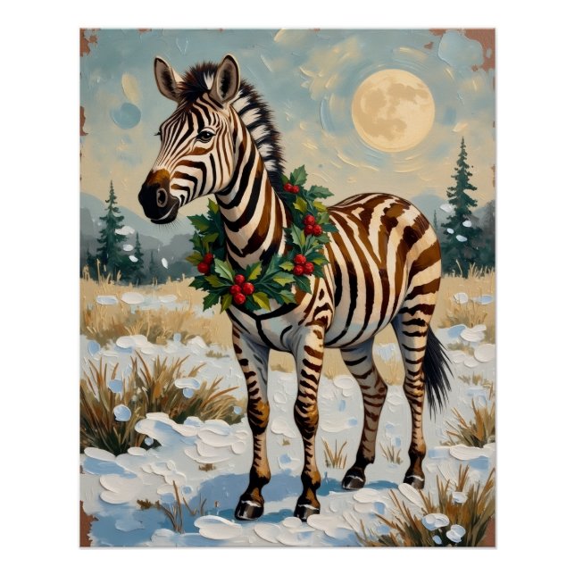 Poster Vintage Zebra in Snowy Christmas Field (Devant)