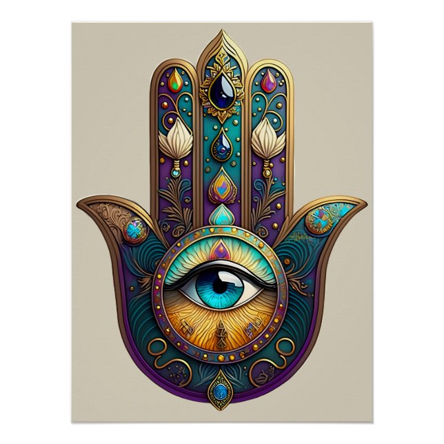 Poster Violet sarcelle doré Hamsa avec troisième œil turq (Devant)