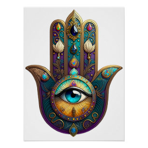 Poster Violet sarcelle doré Hamsa avec troisième œil turq