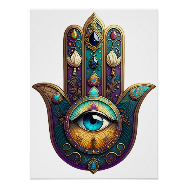 Poster Violet sarcelle doré Hamsa avec troisième œil turq (Devant)