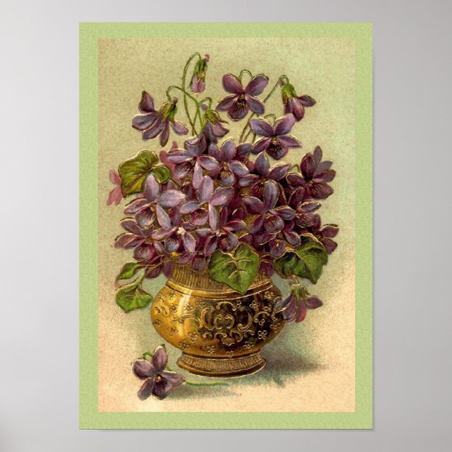 Poster Violettes vintages dans un vase d'or (Devant)