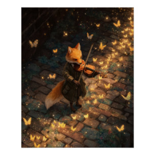 Poster Violoniste Renard Doré avec Papillons Lumineux Art