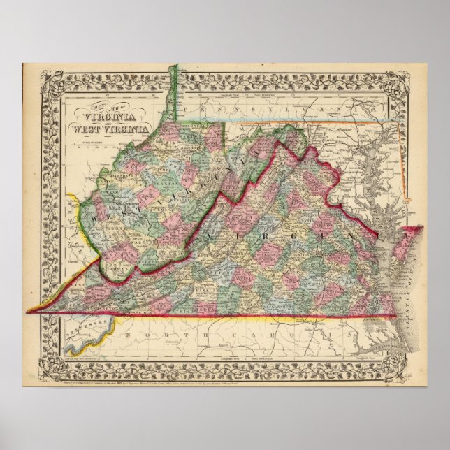 Poster Virginia, W Virginia Carte par Mitchell (Devant)