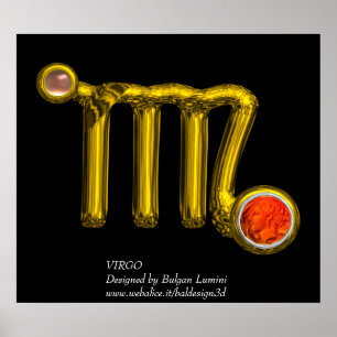 Poster VIRGO /ORANGE AGATE ,GOLD ZODIAC SIGN JEWEL,Black